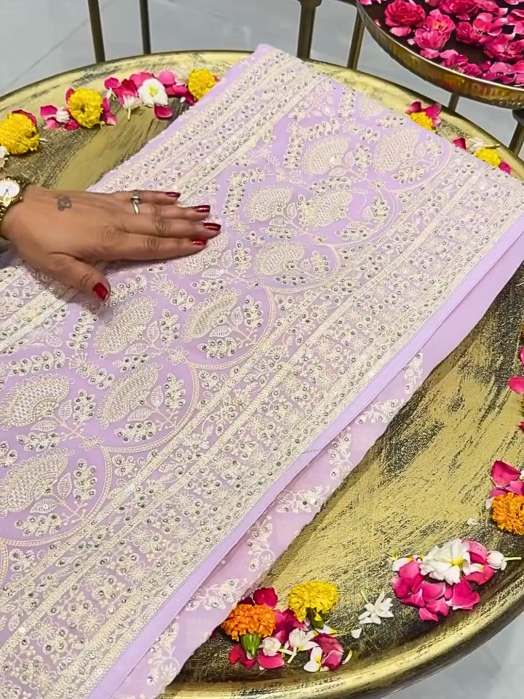 Pastel Lavender Georgette Saree with Heavy Thread, Mirror, and Sequin Embroidery | Designer Party & Festive Wear Saree