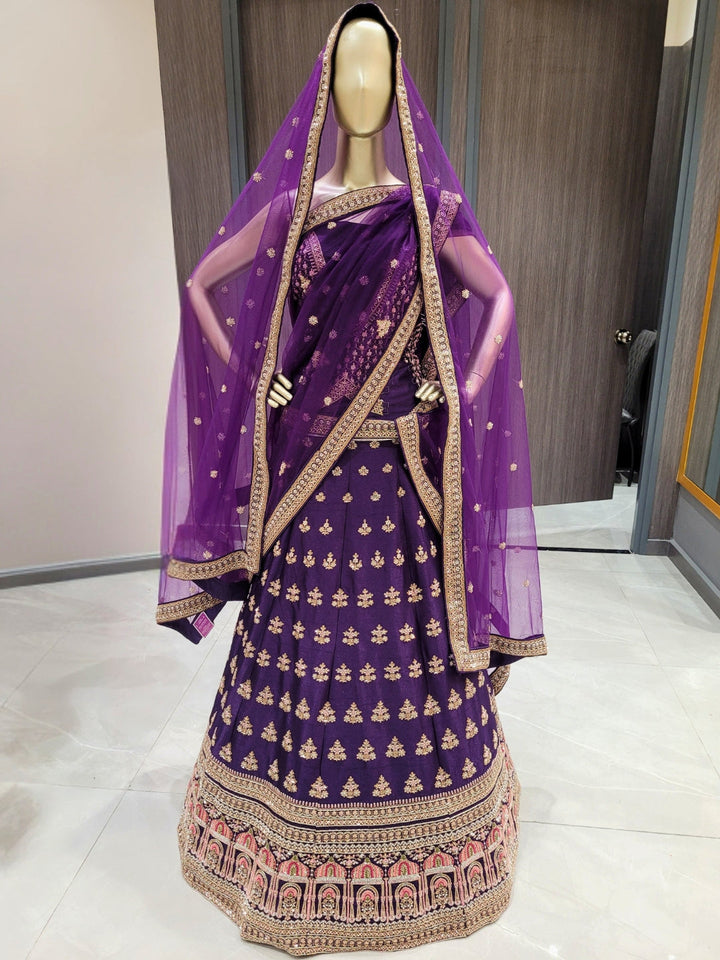 Zari, Sequin & Resham Embroidery Work Lehenga With Unstitched Blouse & Dupatta