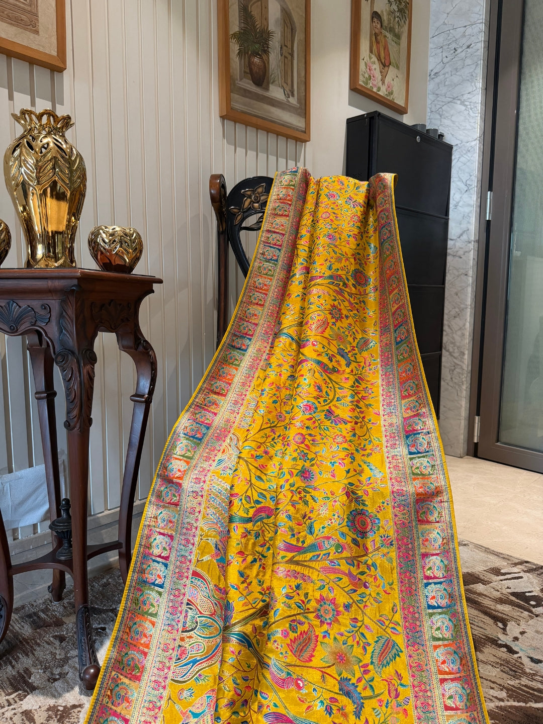 Yellow Meenakari Style Floral & Bird Jaal Zari Woven Saree with Panel Border