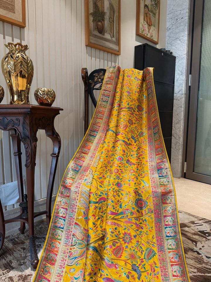 Yellow Meenakari Style Floral & Bird Jaal Zari Woven Saree with Panel Border