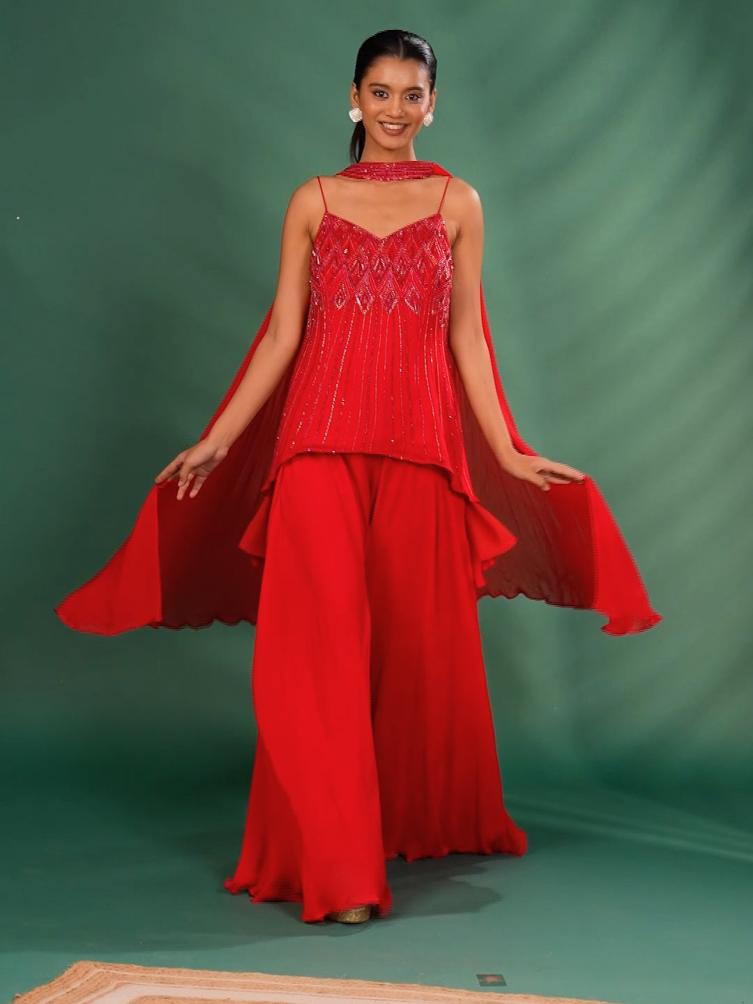 Spaghetti Strap and Embellished Top with Flared Palazzo and Dupatta