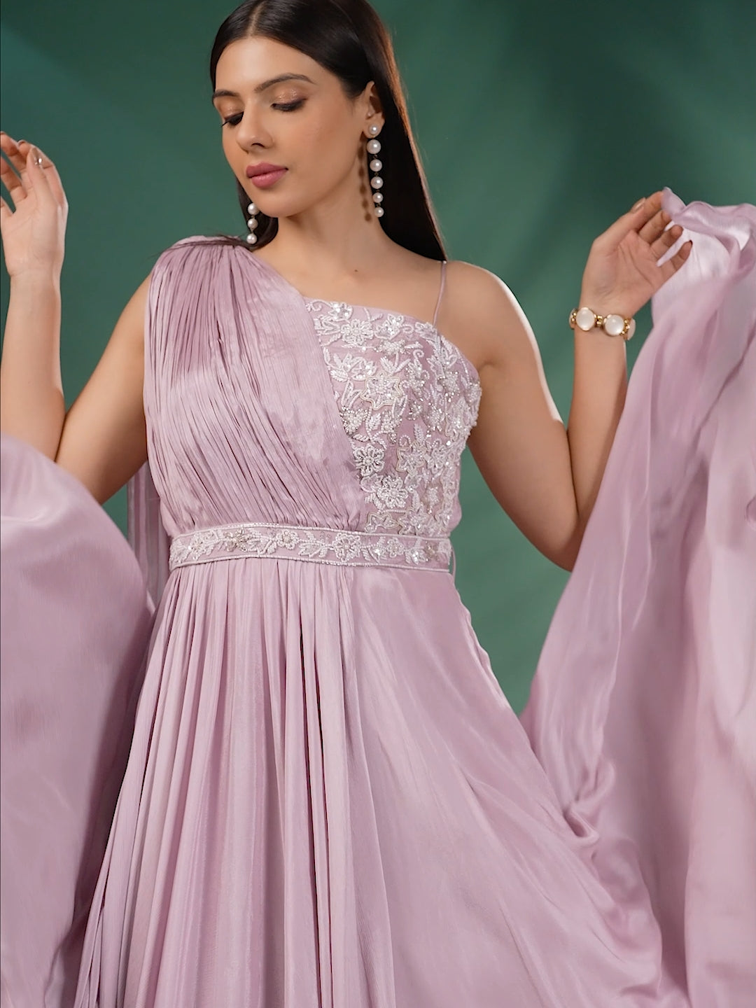 One-Shoulder Embellished Gown with Floral Embroidery and Flowy Draped Detail