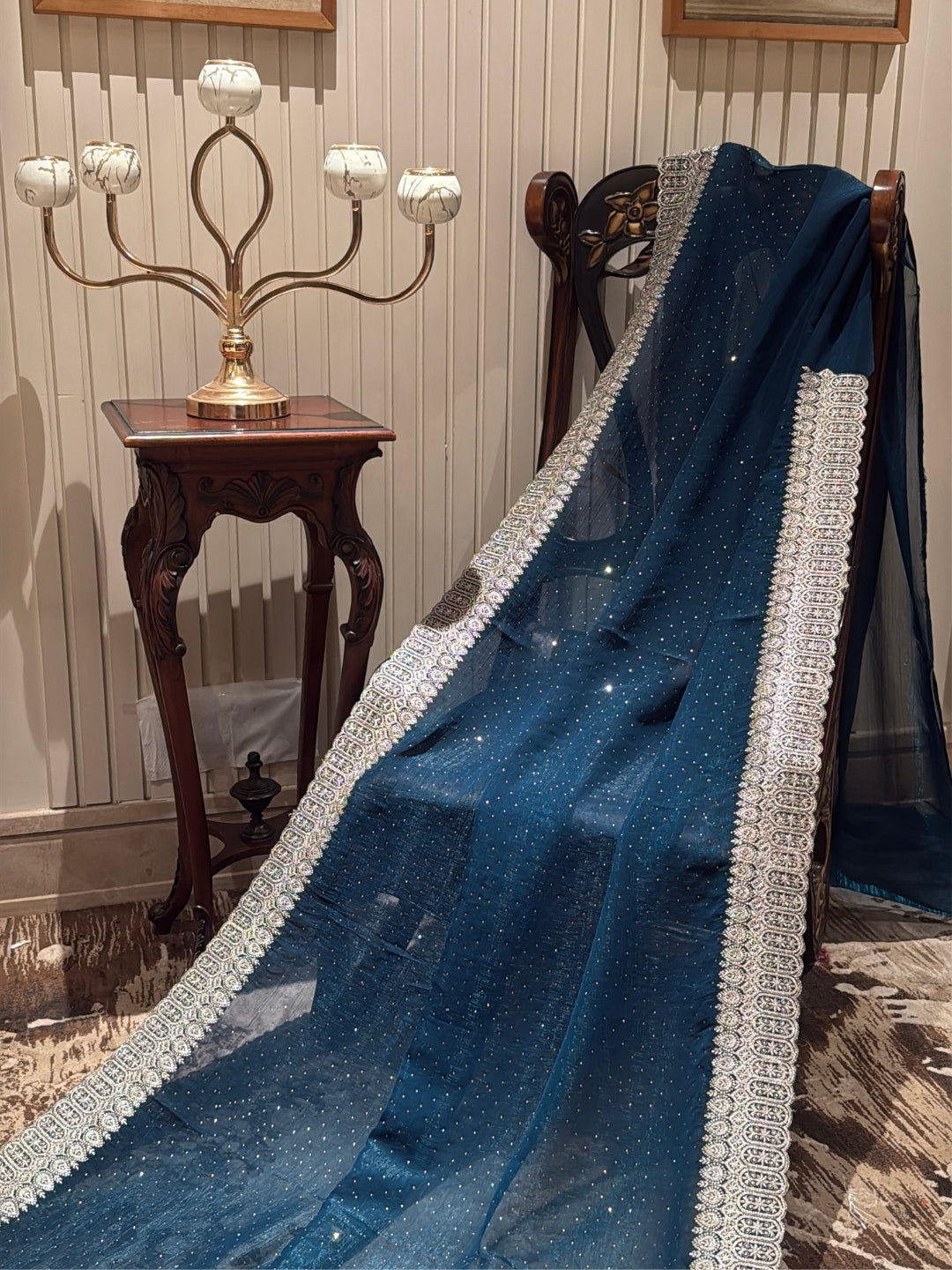 Teal Blue Shimmer Saree with All-Over Silver Sequin Scatter & Intricate Embroidered Border