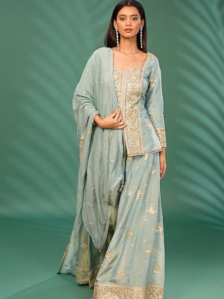 Embroidered Georgette Sharara Set with Sequin, Zari & Mirror Work Detailing