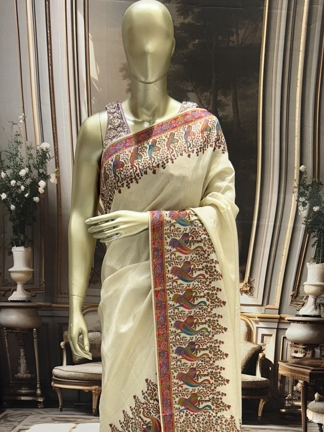 Off-White Banarasi Meenakari Silk Saree with Multicolour Bird Jaal & Contrast Pallu