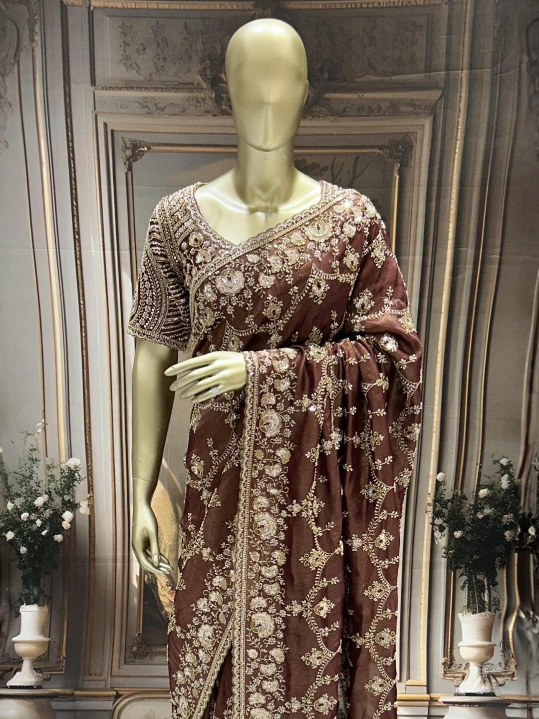 Heavy Sequin & Bead Embroidered Net Saree with Floral Jaal and Scalloped Border