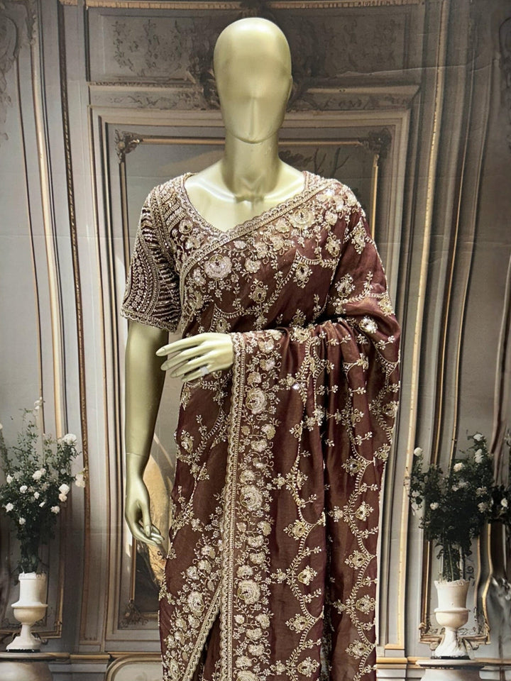 Heavy Sequin & Bead Embroidered Net Saree with Floral Jaal and Scalloped Border