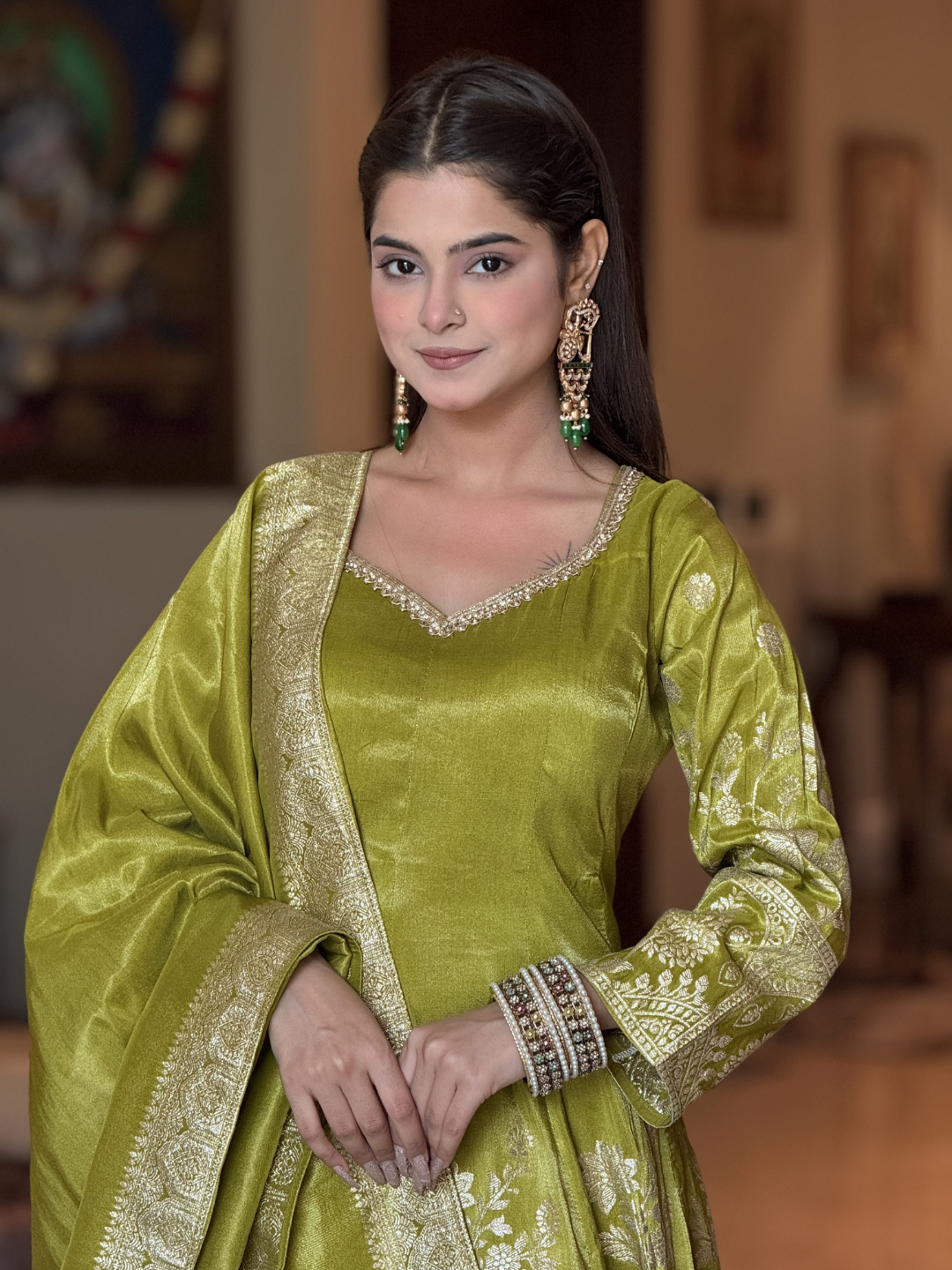 Banarasi Silk Kurta Set with Zari Woven Floral Border, Polka Dot Palazzo & Dupatta