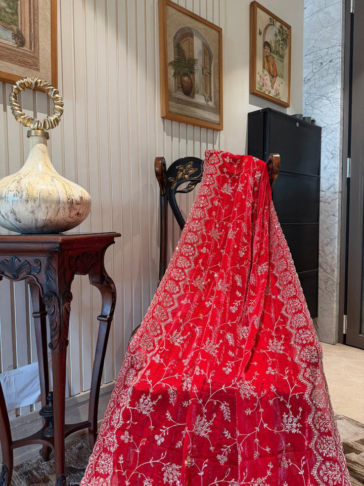 Red Saree with Heavy Silver Zari Floral Embroidery and Scalloped Border