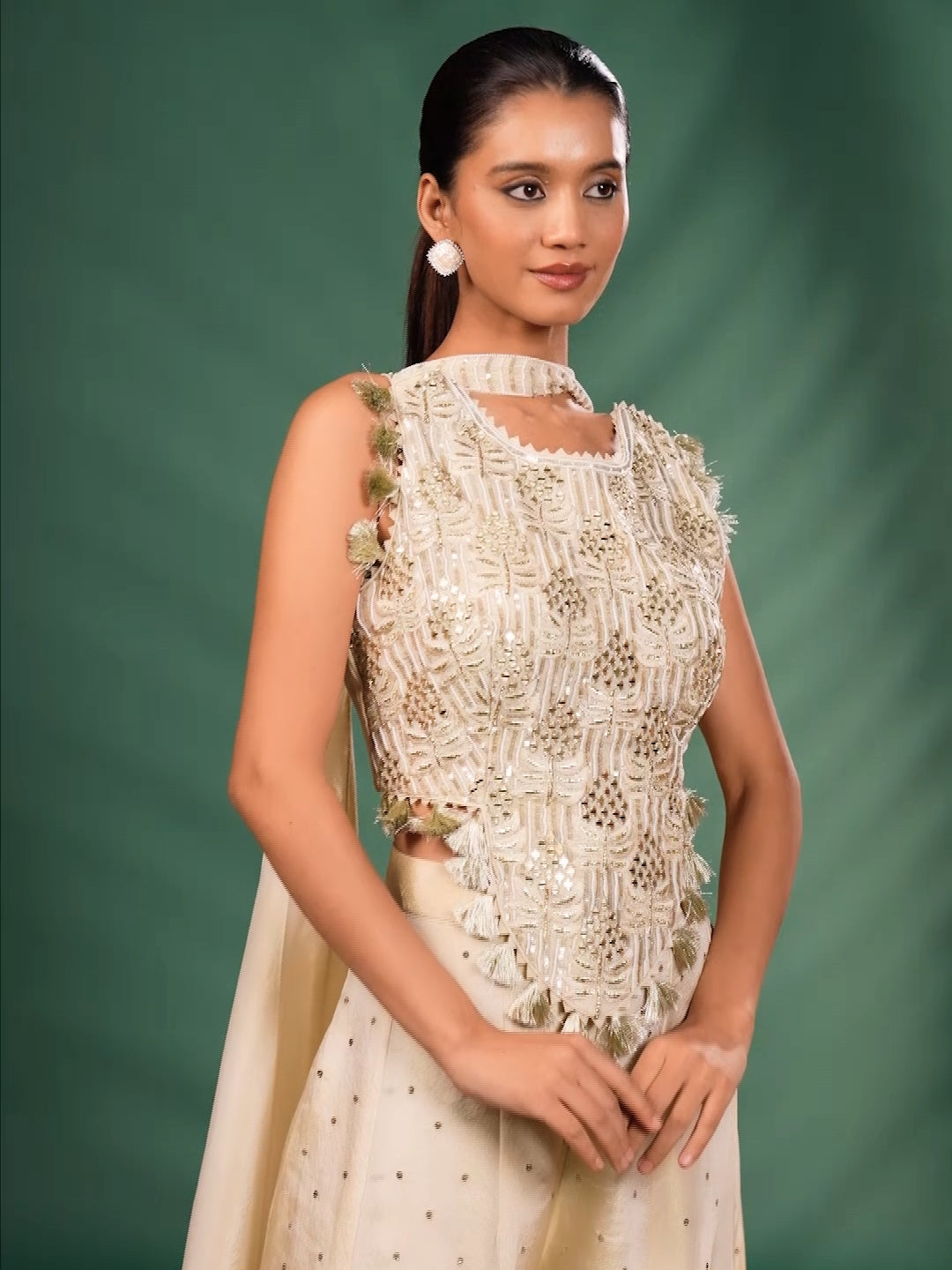 Mirror Work & Tasseled Peplum Kurta Set with Embellished Flared Palazzo and Dupatta