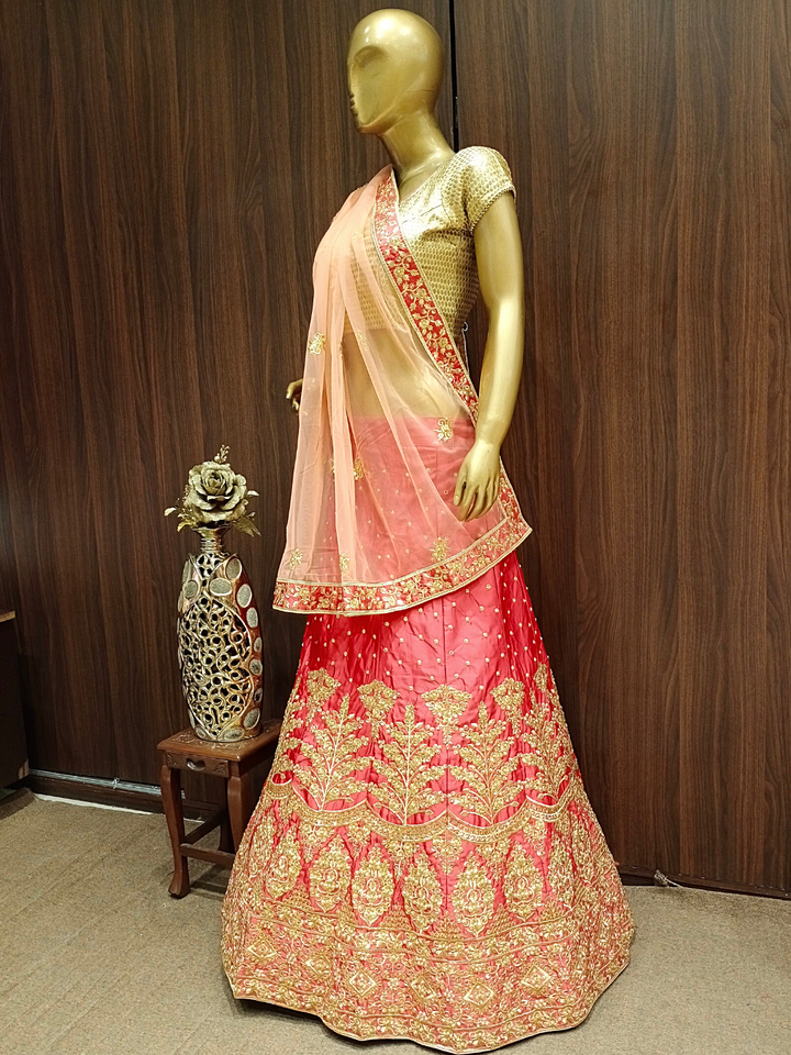 Embellished Semi-stitched Kalidar Lehenga with Gold Zari Embroidery