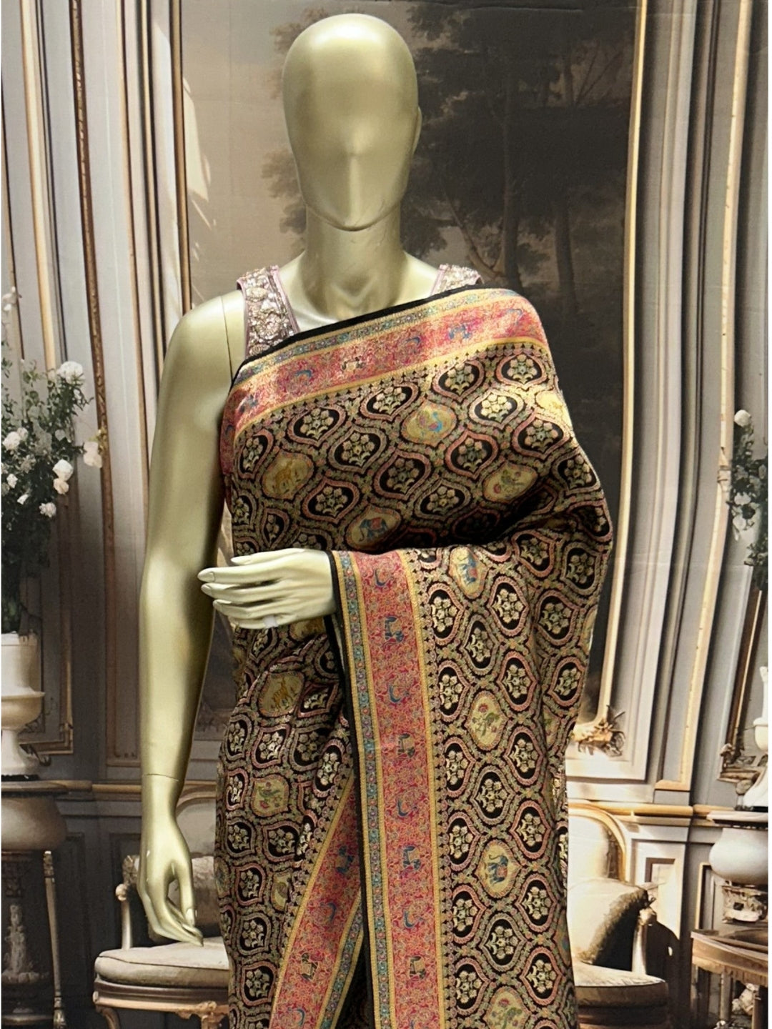 Black Banarasi Silk Saree with Paisley Jaal, Elephant–Peacock Pallu & Contrast Border