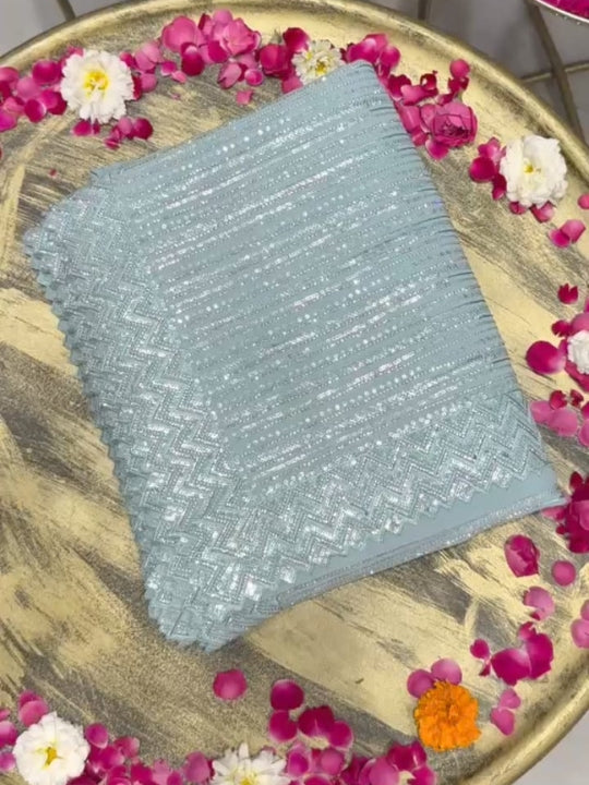 Chhabra 555 Ice Blue Sequin Embroidered Partywear Saree with Designer Border