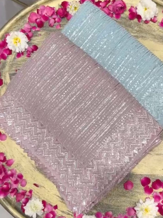 Chhabra 555 Blush Pink Sequin Embroidered Designer Saree with Zigzag Border