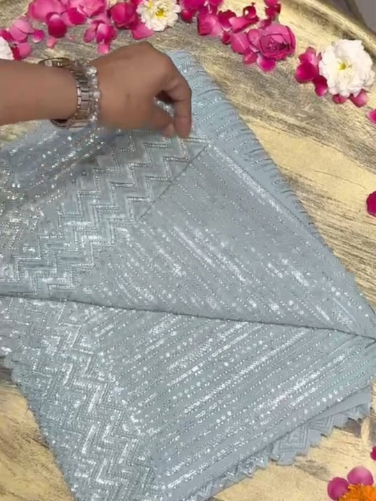 Chhabra 555 Ice Blue Sequin Embroidered Partywear Saree with Designer Border