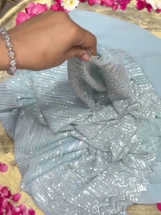 Chhabra 555 Ice Blue Sequin Embroidered Partywear Saree with Designer Border
