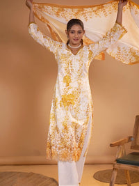 Cotton Floral Printed & Embroidered Unstitched Suit Dupatta in White & Mustard