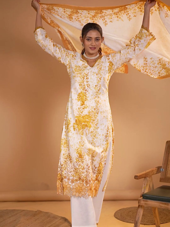 Cotton Floral Printed & Embroidered Unstitched Suit Dupatta in White & Mustard