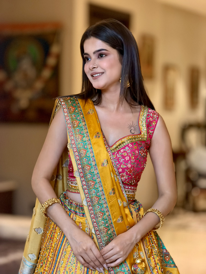 Banarasi Silk Meenakari Woven Lehenga Choli with Dupatta in Mustard & Pink
