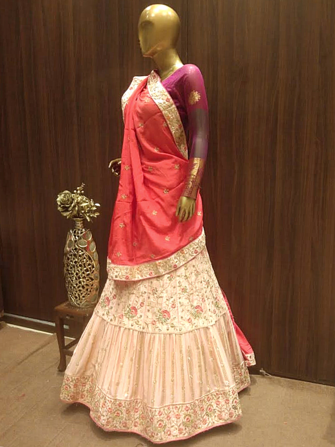 Rose Gold Semi-Stitched Lehenga Set with Contrast Dupatta With Floral Resham Embroidery