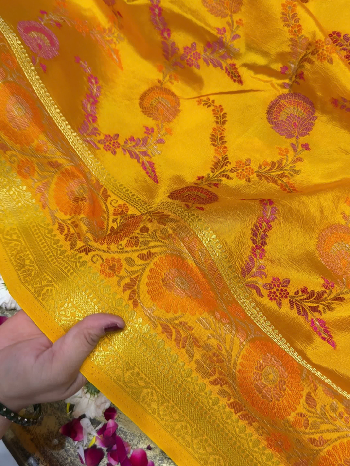Marigold Orange Banarasi Silk Saree with Zari Floral Circular Motifs and Tassel Border