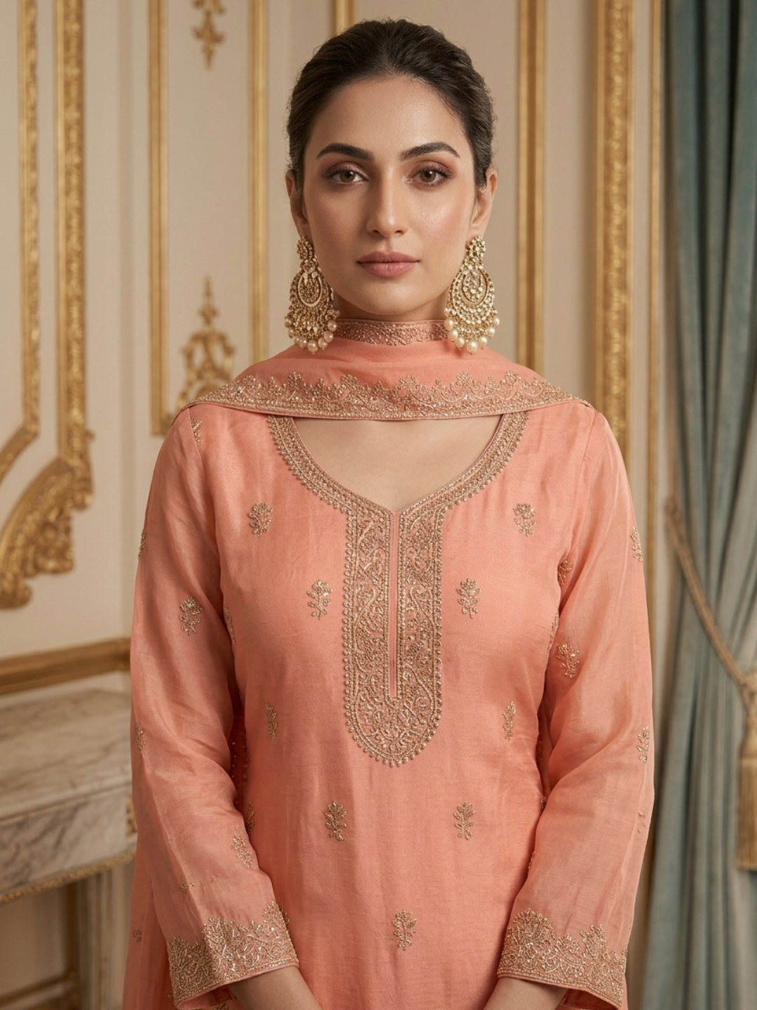Zari Sequinned Embroidered Silk Kurta with Sharara and Dupatta with Floral Booti Pattern