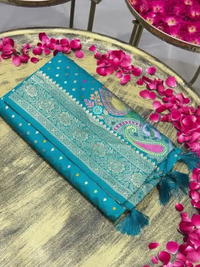 Teal Blue Banarasi Silk Woven Booti Saree with Multicolor Paisley Pallu