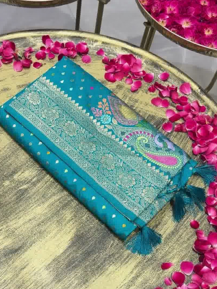 Teal Blue Banarasi Silk Woven Booti Saree with Multicolor Paisley Pallu