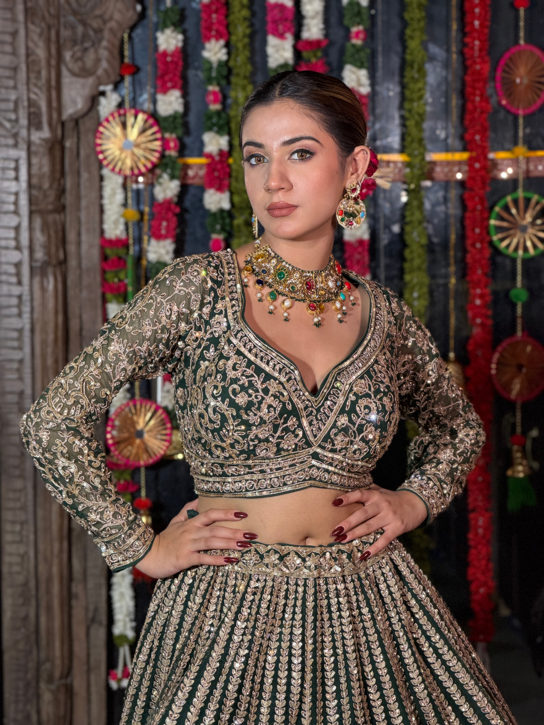 Silk  Embroidered Floral & Geometric Lehenga Choli with Net Dupatta in Bottle Green