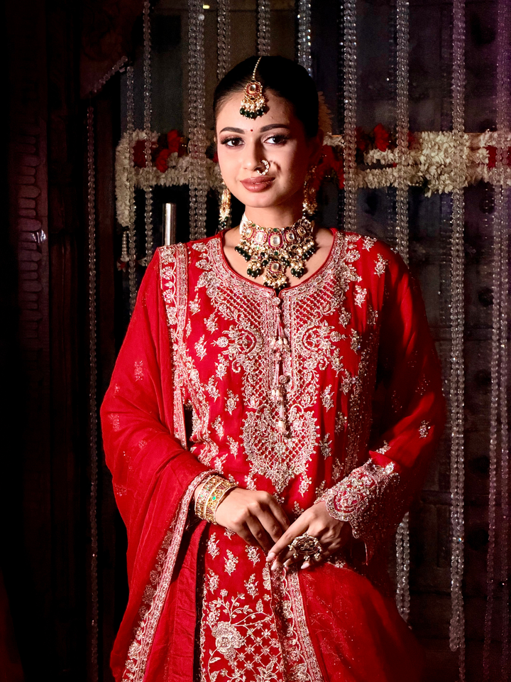 Silver Thread Embroidered Kurta with Sharara Set in Red