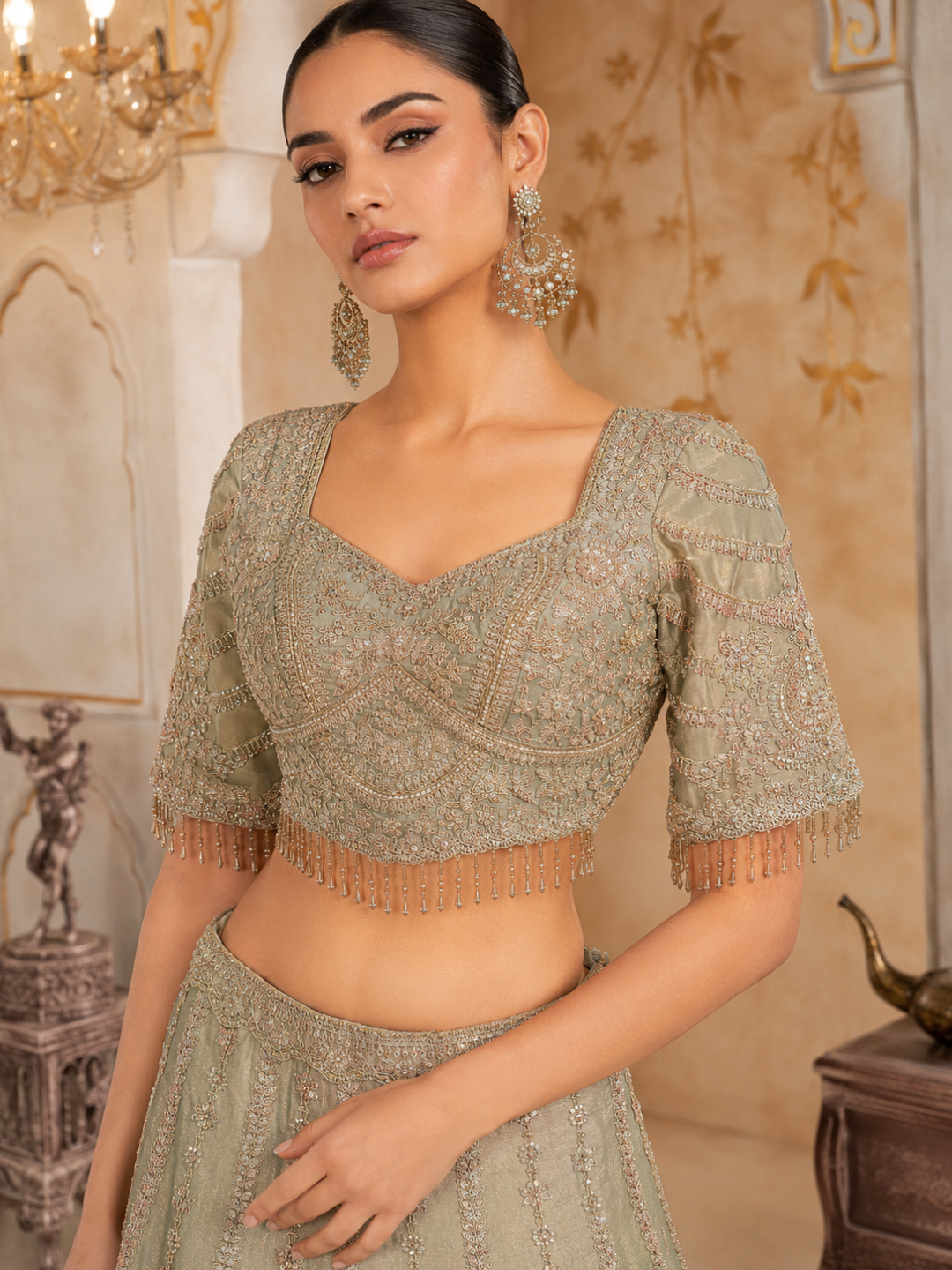 Sage Green Ombre Silk Bridal Lehenga Choli with Heavy Zari, Resham & Cutdana Floral Embroidery with Crystal Tassel Hem & Dupatta