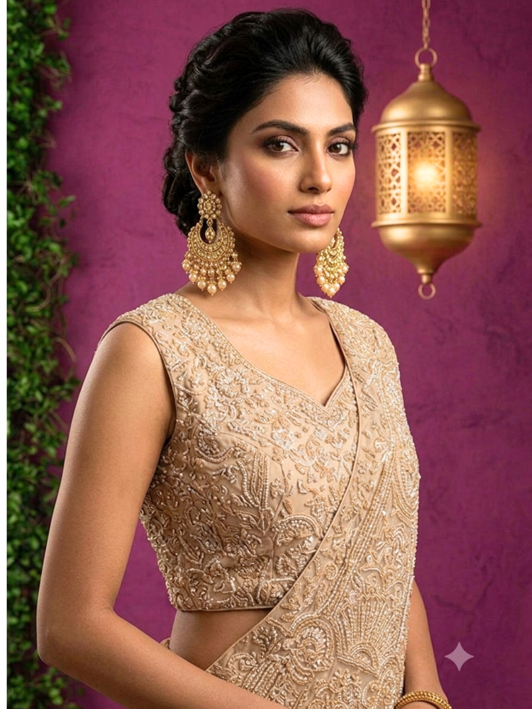 Georgette Sequin & Zari Embroidered Pre-Draped Saree Gown in Beige