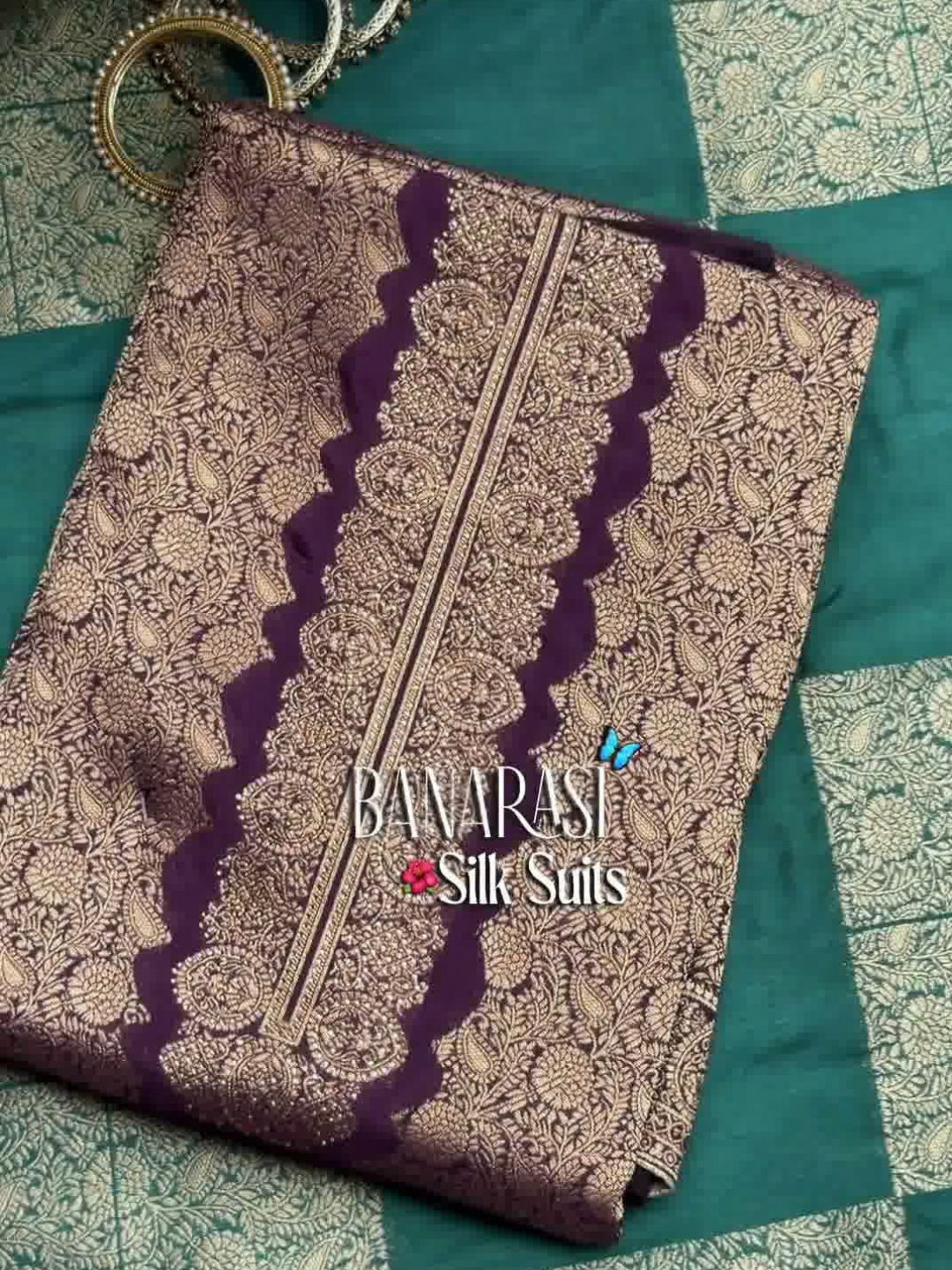 Purple Banarasi Silk Dress Material with Zari Woven Border and Dupatta