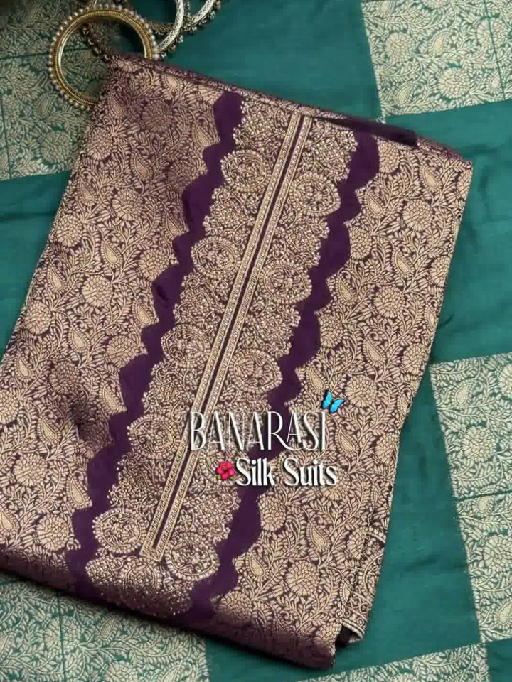 Purple Banarasi Silk Dress Material with Zari Woven Border and Dupatta