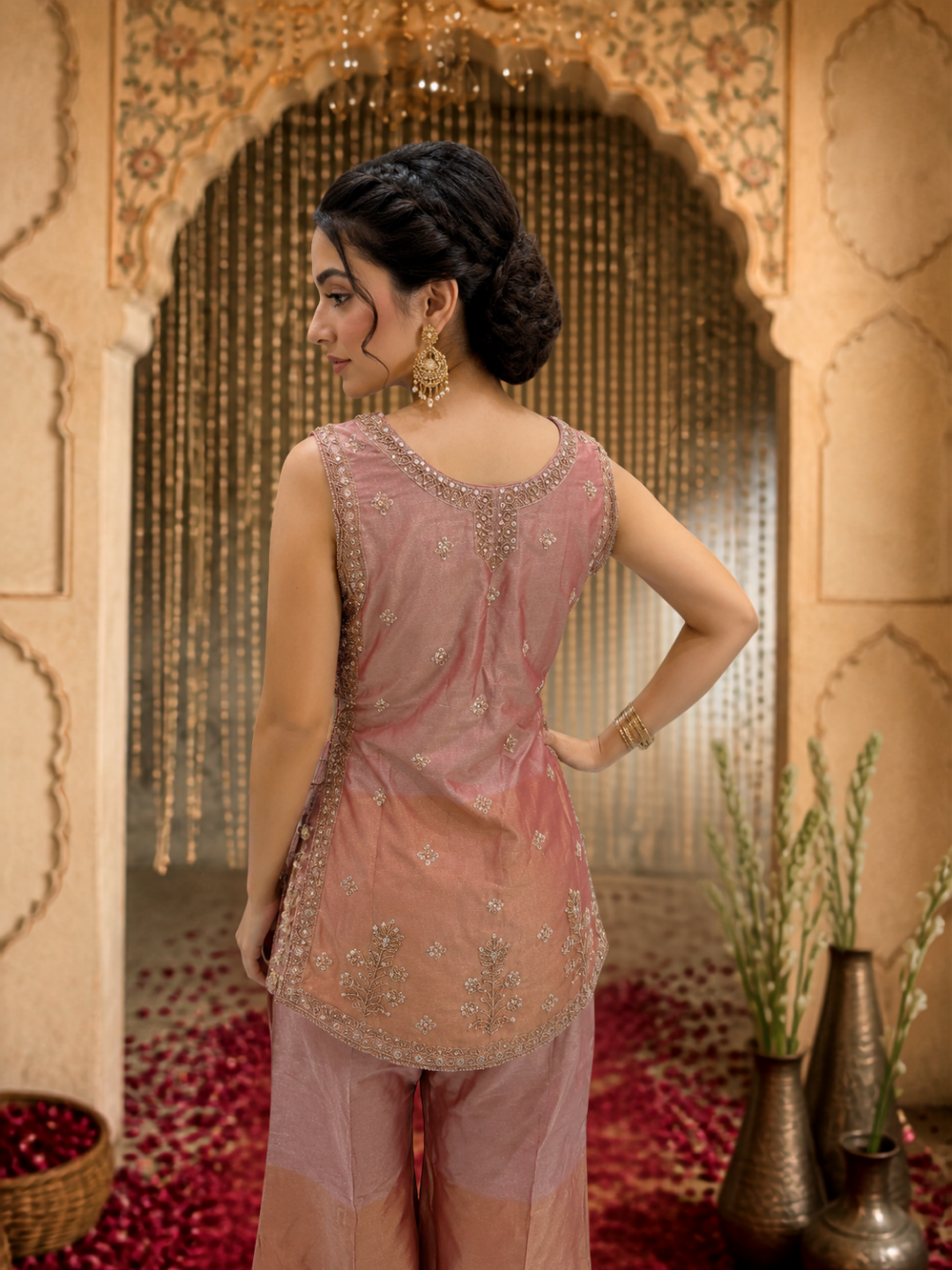 Organza Silk Zari & Bead Embroidered Sharara Set with Dupatta in Rose Pink