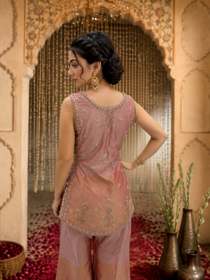 Organza Silk Zari & Bead Embroidered Sharara Set with Dupatta in Rose Pink