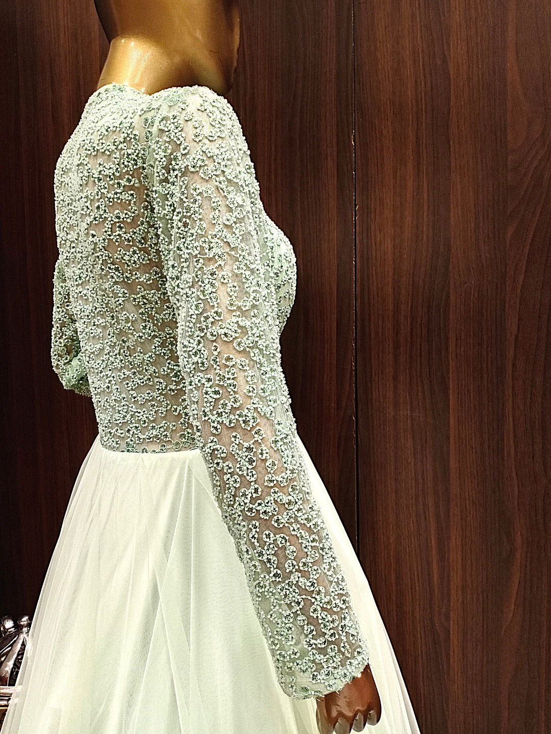 Pastel Green Flared Gown With Ruffled Hemline and Thread Embroidery