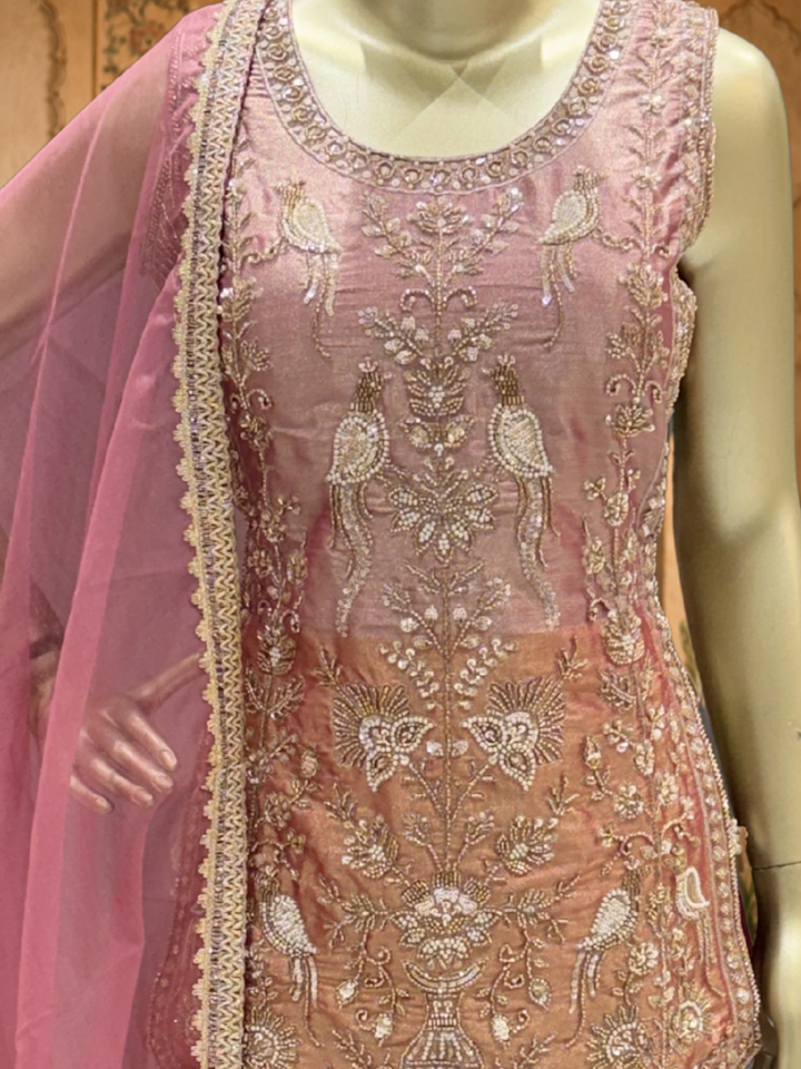 Organza Silk Zari & Bead Embroidered Sharara Set with Dupatta in Rose Pink