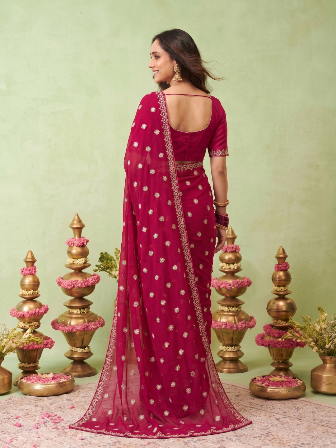 Georgette Saree with Zari Booti Embroidery & Geometric Lace Border