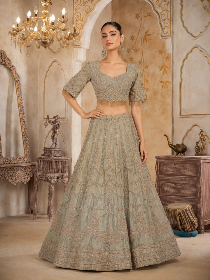 Sage Green Ombre Silk Bridal Lehenga Choli with Heavy Zari, Resham & Cutdana Floral Embroidery with Crystal Tassel Hem & Dupatta