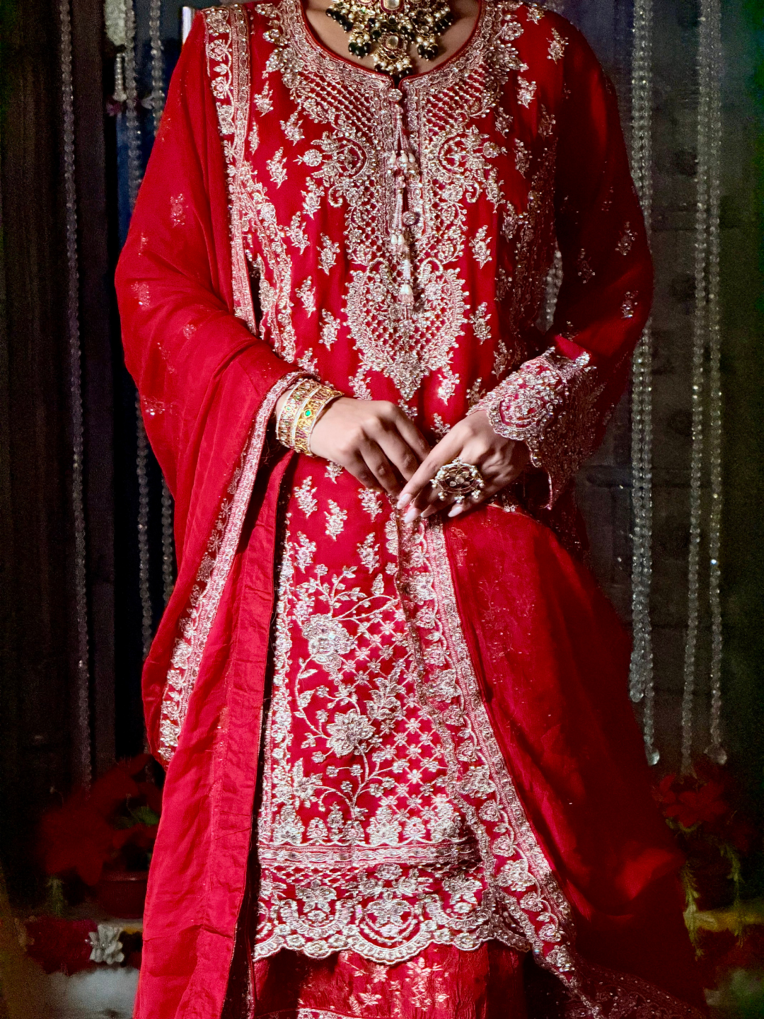 Silver Thread Embroidered Kurta with Sharara Set in Red