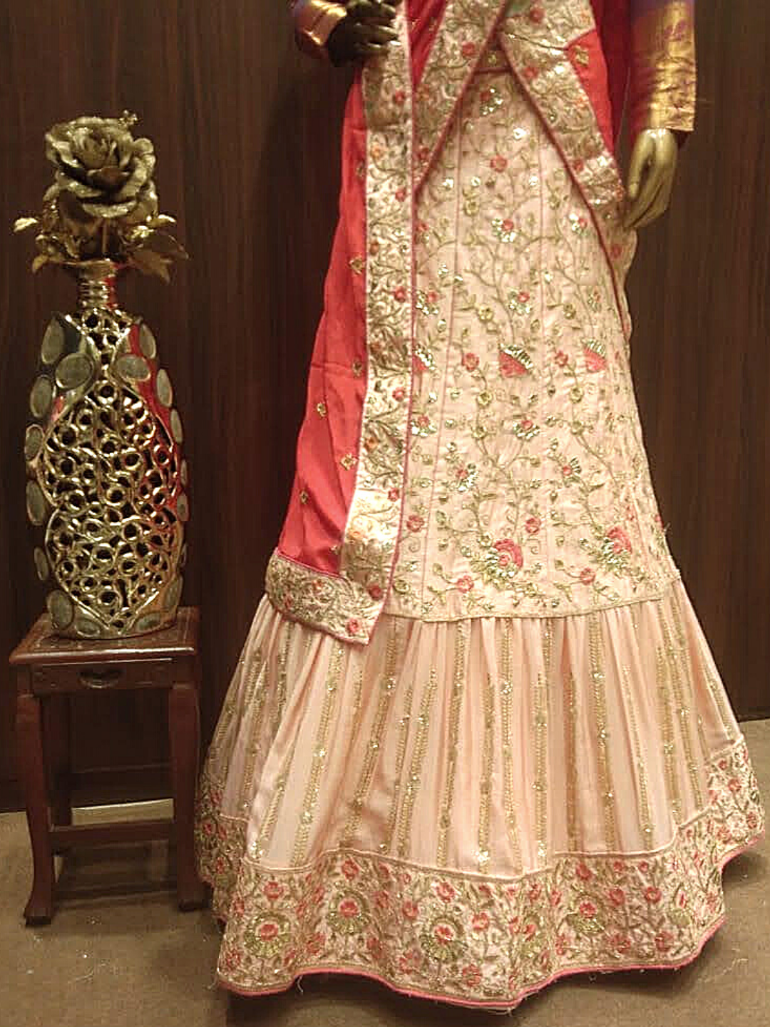 Rose Gold Semi-Stitched Lehenga Set with Contrast Dupatta With Floral Resham Embroidery