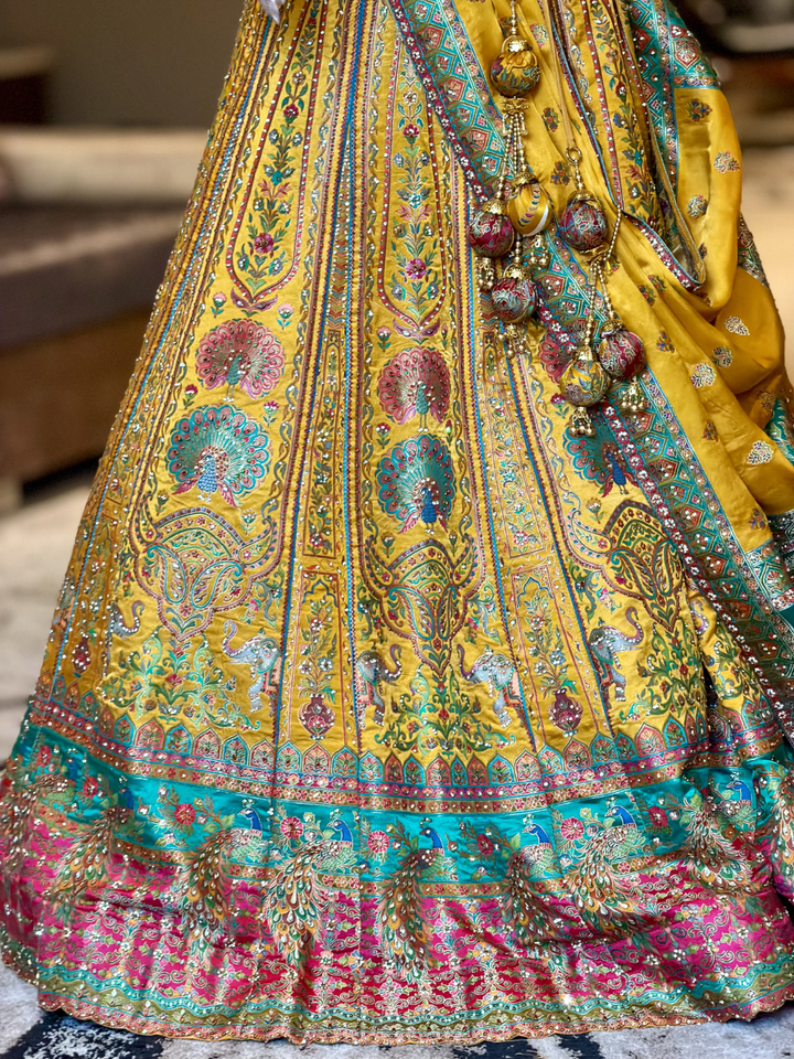 Banarasi Silk Meenakari Woven Lehenga Choli with Dupatta in Mustard & Pink
