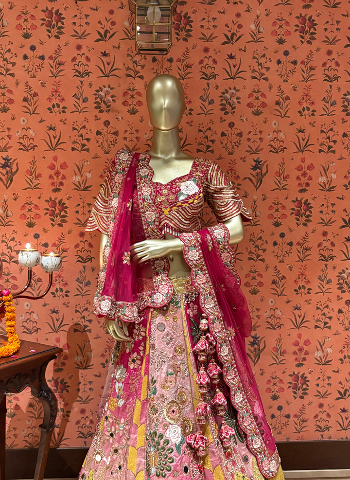 Silk Heavy Zari, Sequin & Mirror Embroidered Multi-Color Patchwork Bridal Lehenga