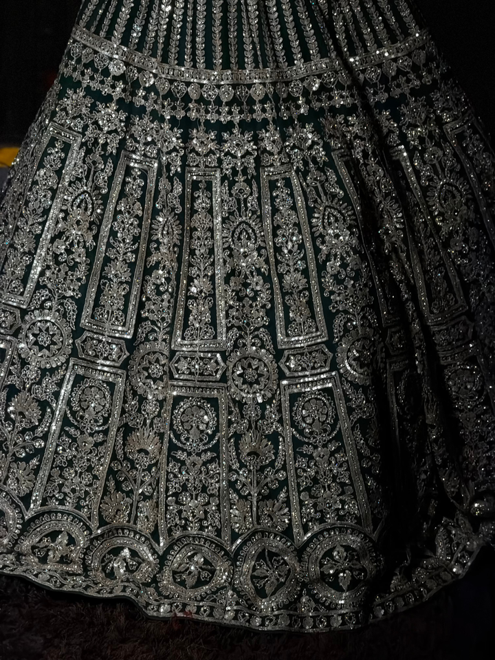 Silk  Embroidered Floral & Geometric Lehenga Choli with Net Dupatta in Bottle Green