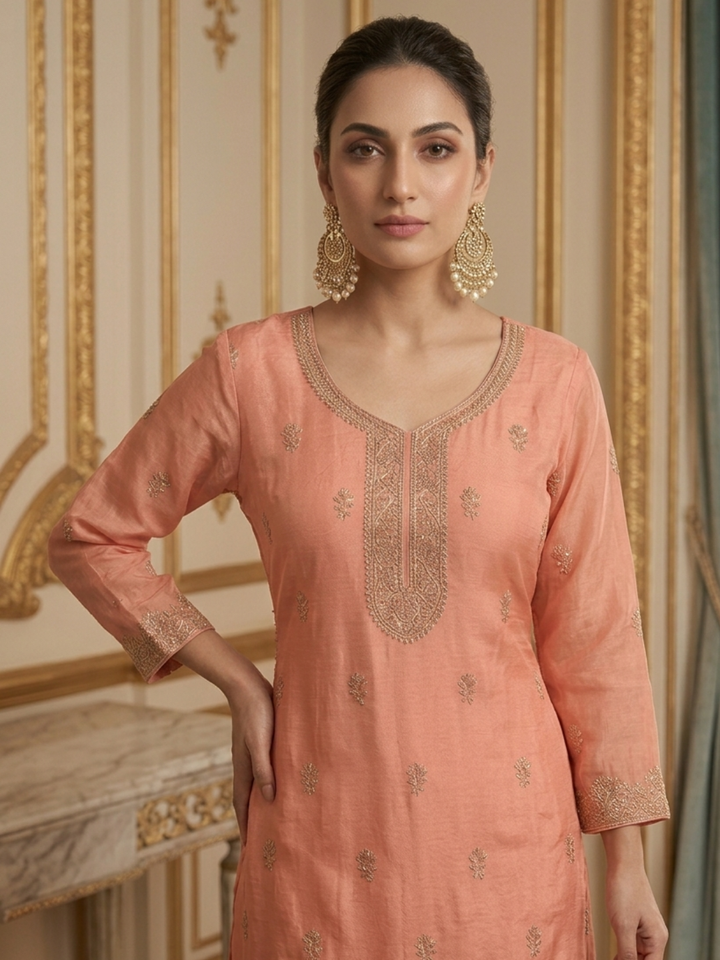 Zari Sequinned Embroidered Silk Kurta with Sharara and Dupatta with Floral Booti Pattern