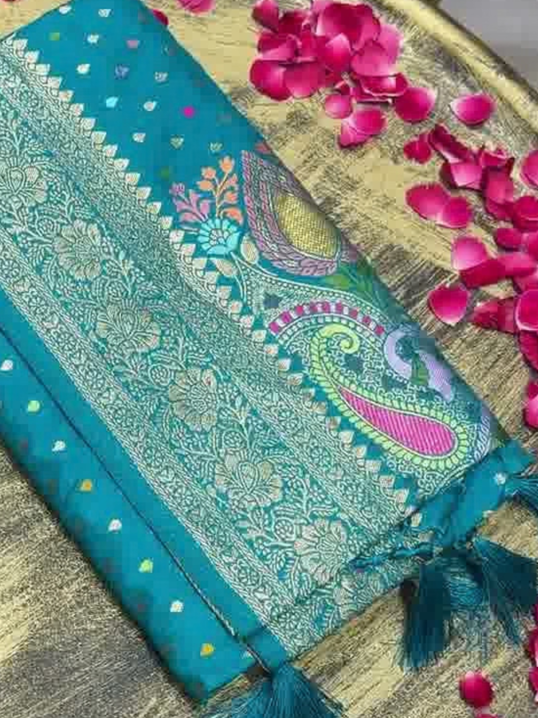 Teal Blue Banarasi Silk Woven Booti Saree with Multicolor Paisley Pallu