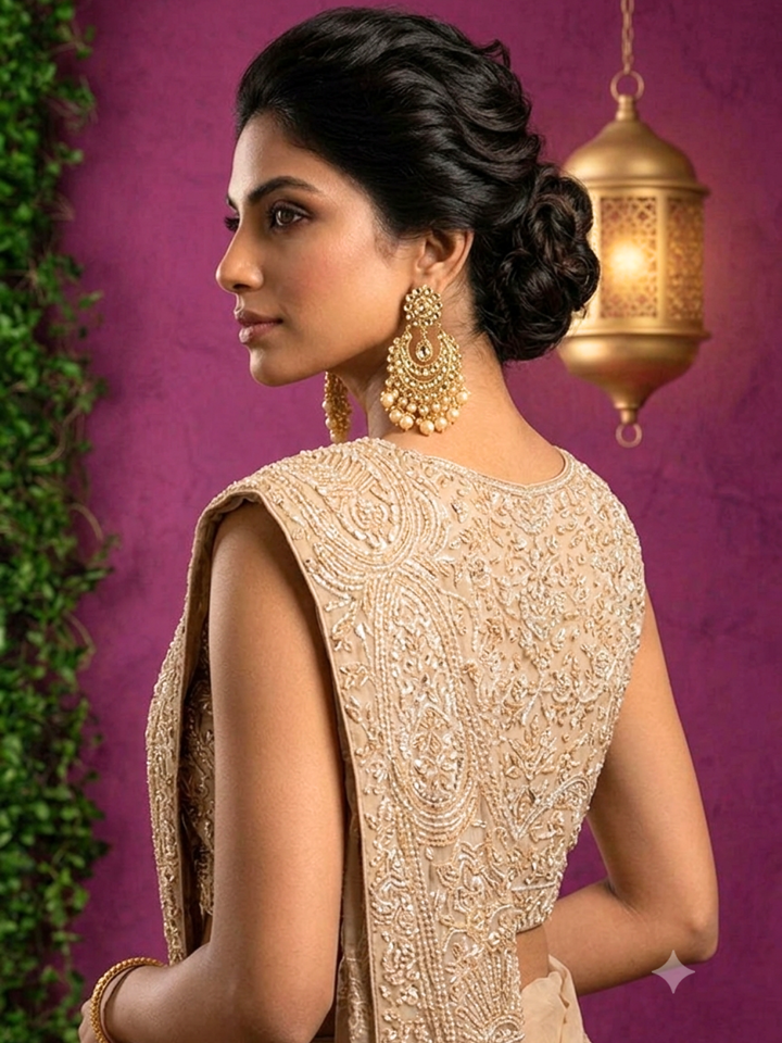Georgette Sequin & Zari Embroidered Pre-Draped Saree Gown in Beige
