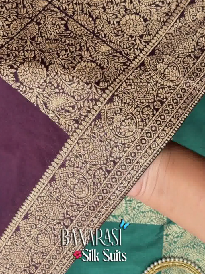 Purple Banarasi Silk Dress Material with Zari Woven Border and Dupatta