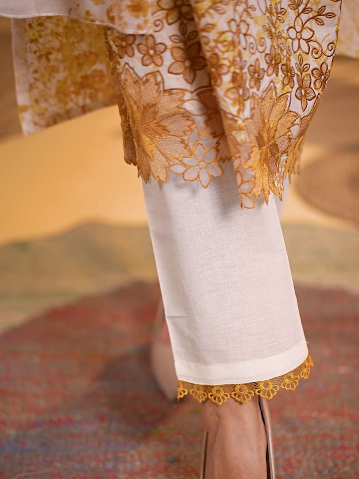 Cotton Floral Printed & Embroidered Unstitched Suit Dupatta in White & Mustard